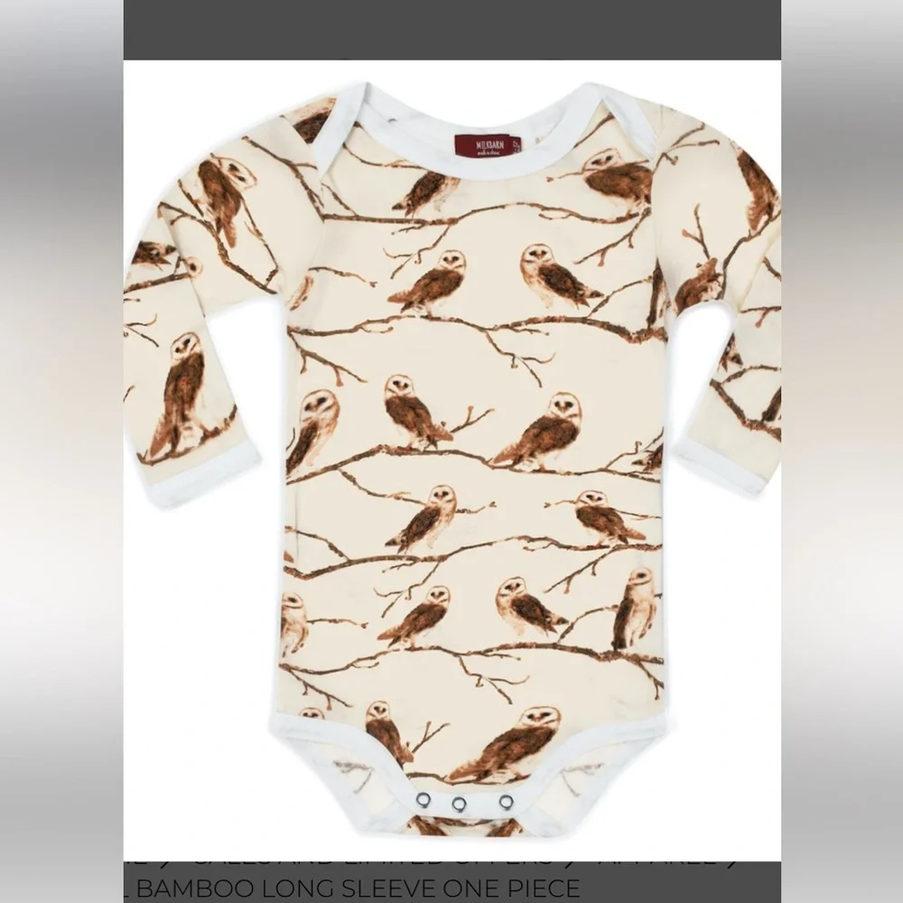 New! Milkbarn Owl Bamboo Long Sleeve One Piece 6-12 Months